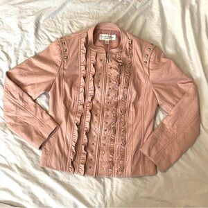 ConradC Vintage Pink Vegan Leather Jacket with Ruffle Detail